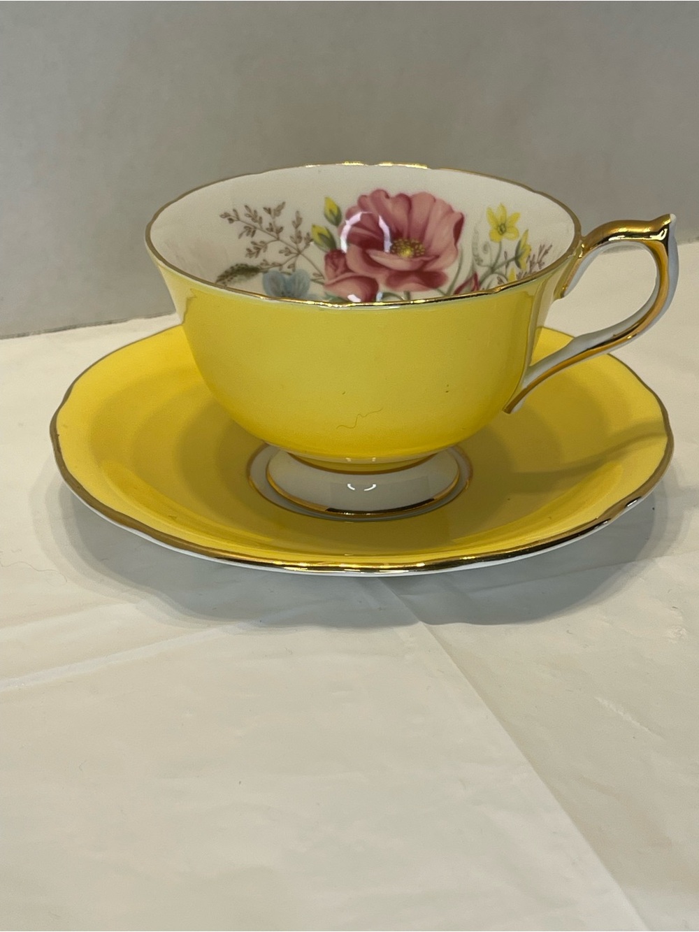 Vintage Yellow Floral Teacup and Saucer with Gold Trim - Elegant Bone China